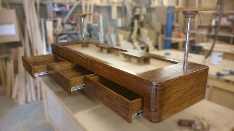 Dark Oak Veneered Sunken Deck with Drawers and Chrome Speaker Stands 1 768x432 1