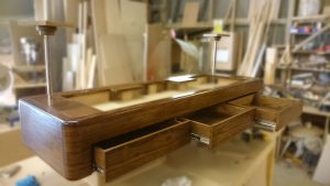 Dark Oak Veneered Sunken Deck with Drawers and Chrome Speaker Stands 2 300x169 1